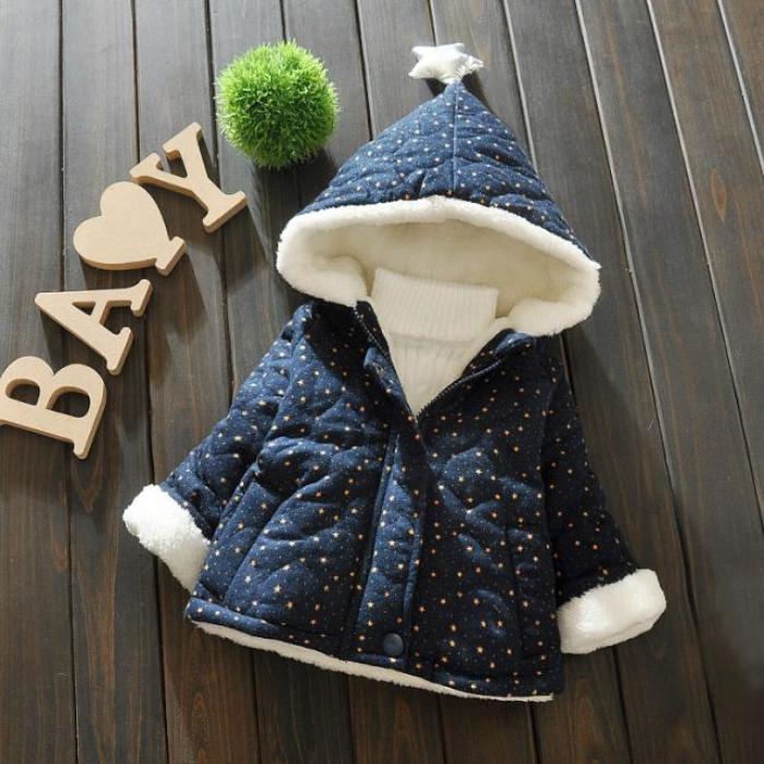 Baby Boy Velvet Jacket Dots Printed Outwearing Thick Fleece With Hood Silver Star Kids Winter Coat 6M-3T